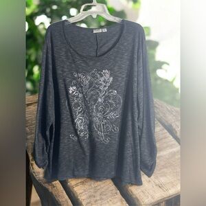 Cato Dark Gray Long Sleeve Top with Silver Gray Floral Design with Embellishment